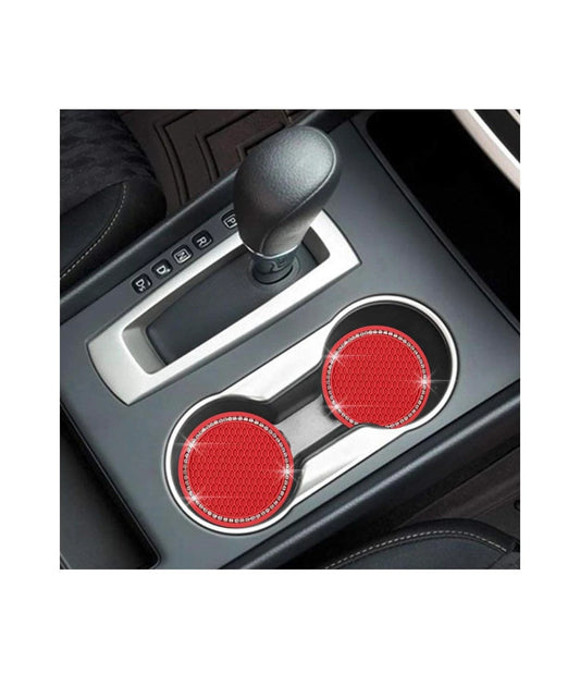 2 Crystal Encrusted Red Coasters Cup Holder Insert Ultra Bling White Diamond Embellishment Round Fit Car SUV Red Silicone Anti-Slip Coaster