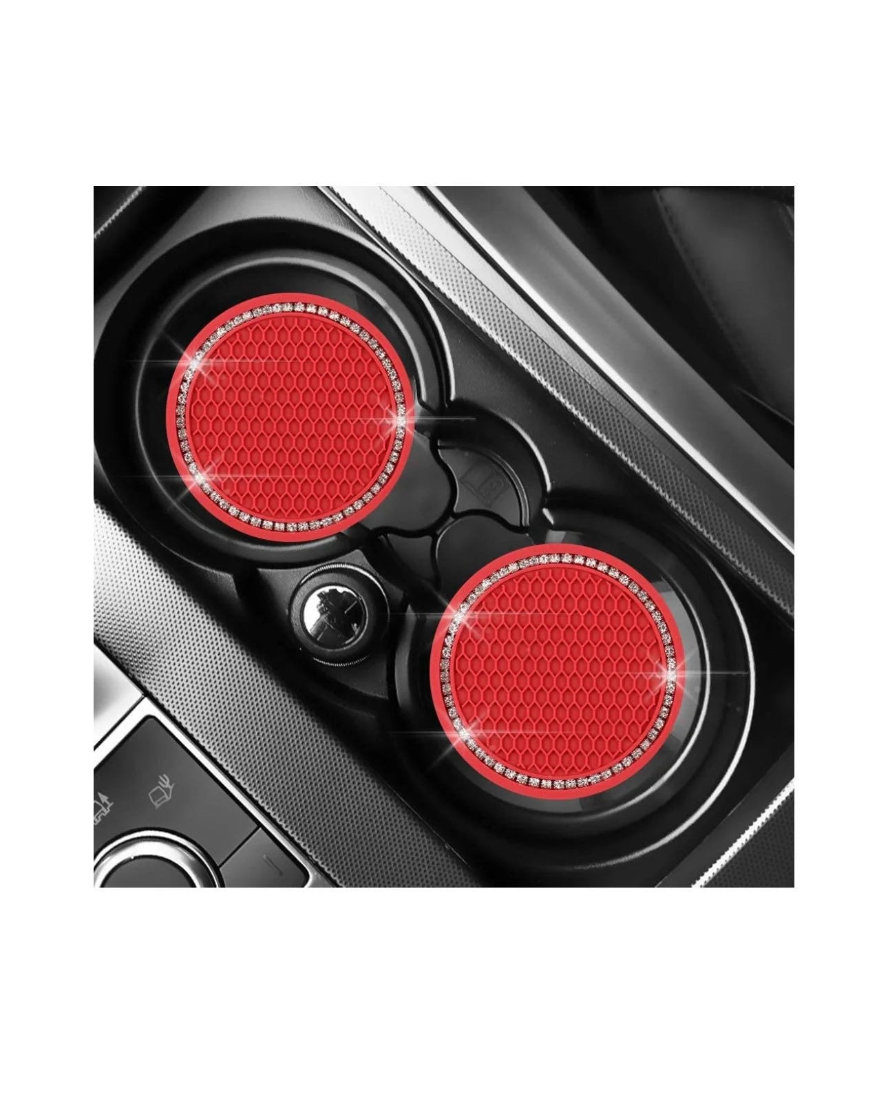 2 Crystal Encrusted Red Coasters Cup Holder Insert Ultra Bling White Diamond Embellishment Round Fit Car SUV Red Silicone Anti-Slip Coaster
