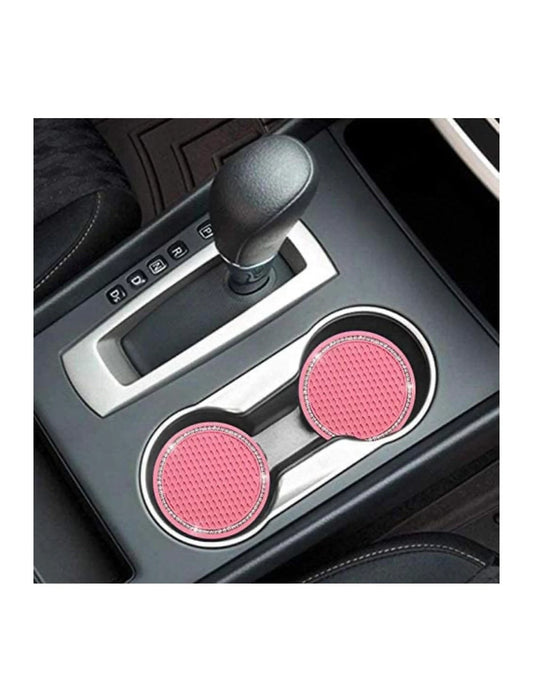 2 Pink Coasters Cup Holder Insert Ultra Bling White Diamond Luxury Crystal Embellishment Round Fit Car SUV Silicone Anti-Slip Coaster