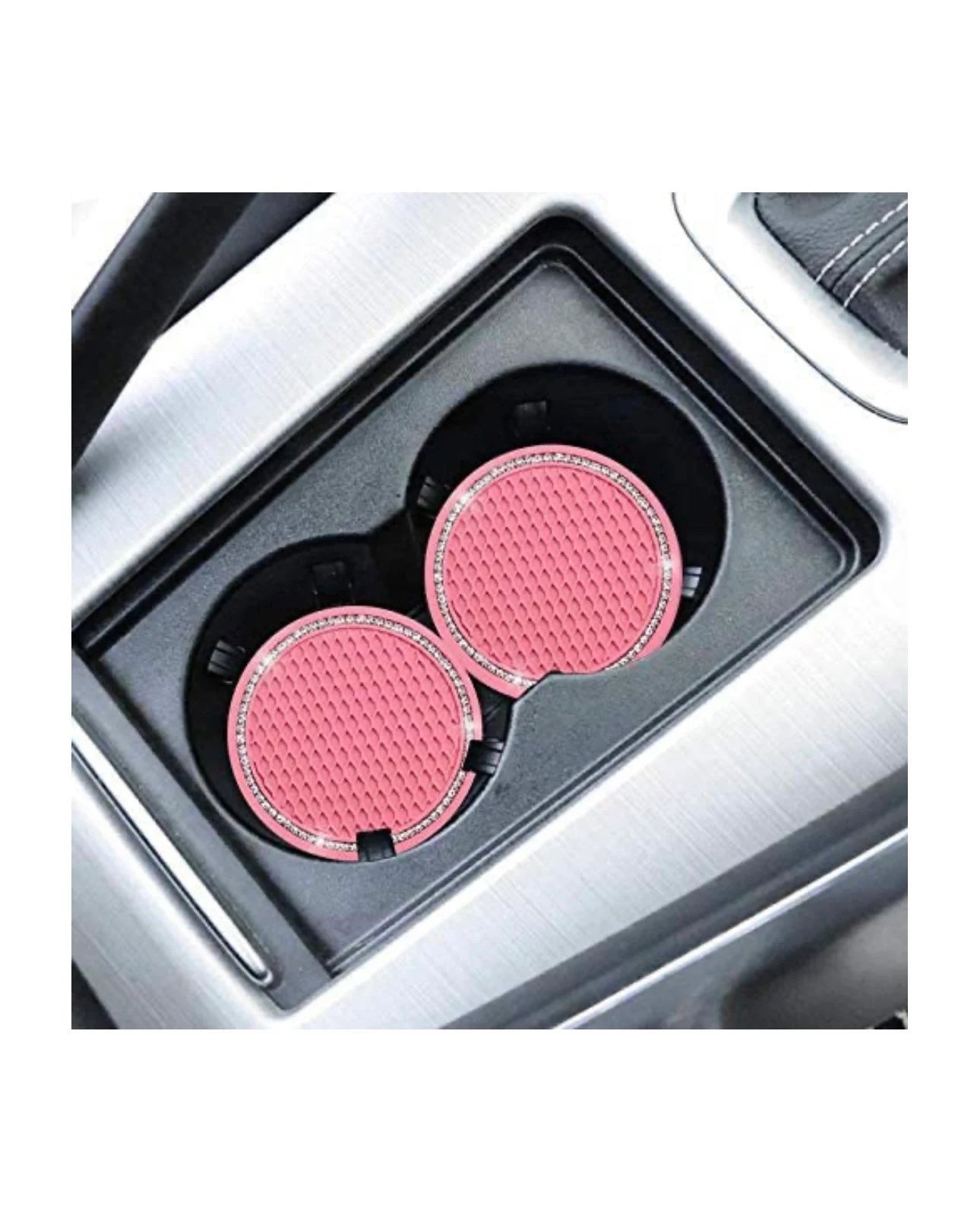 2 Pink Coasters Cup Holder Insert Ultra Bling White Diamond Luxury Crystal Embellishment Round Fit Car SUV Silicone Anti-Slip Coaster