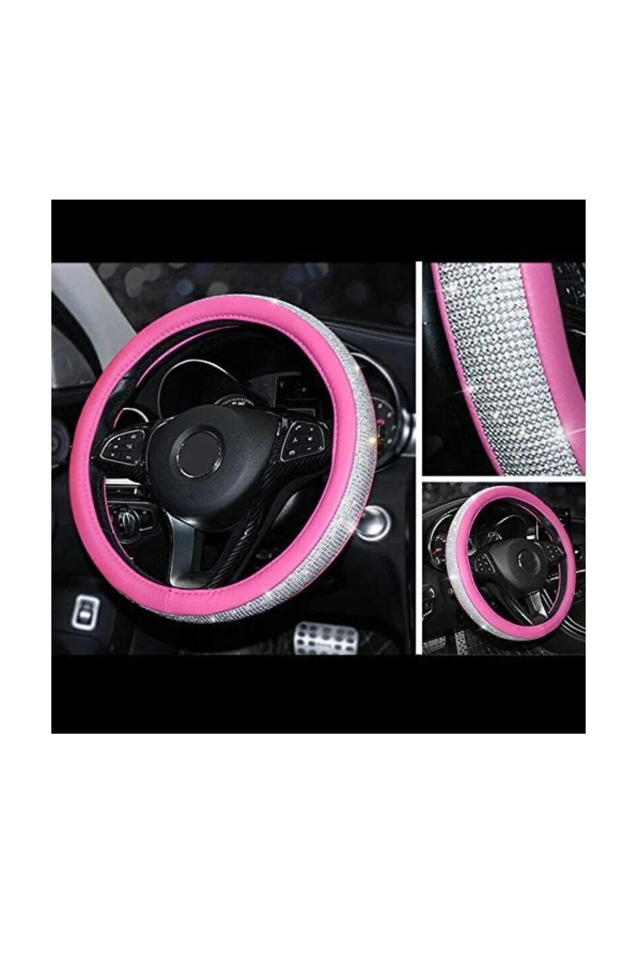Hot Pink Leather Bling White Diamond Luxury Steering Wheel Cover with Crystal Embellishment Universal Round Fit