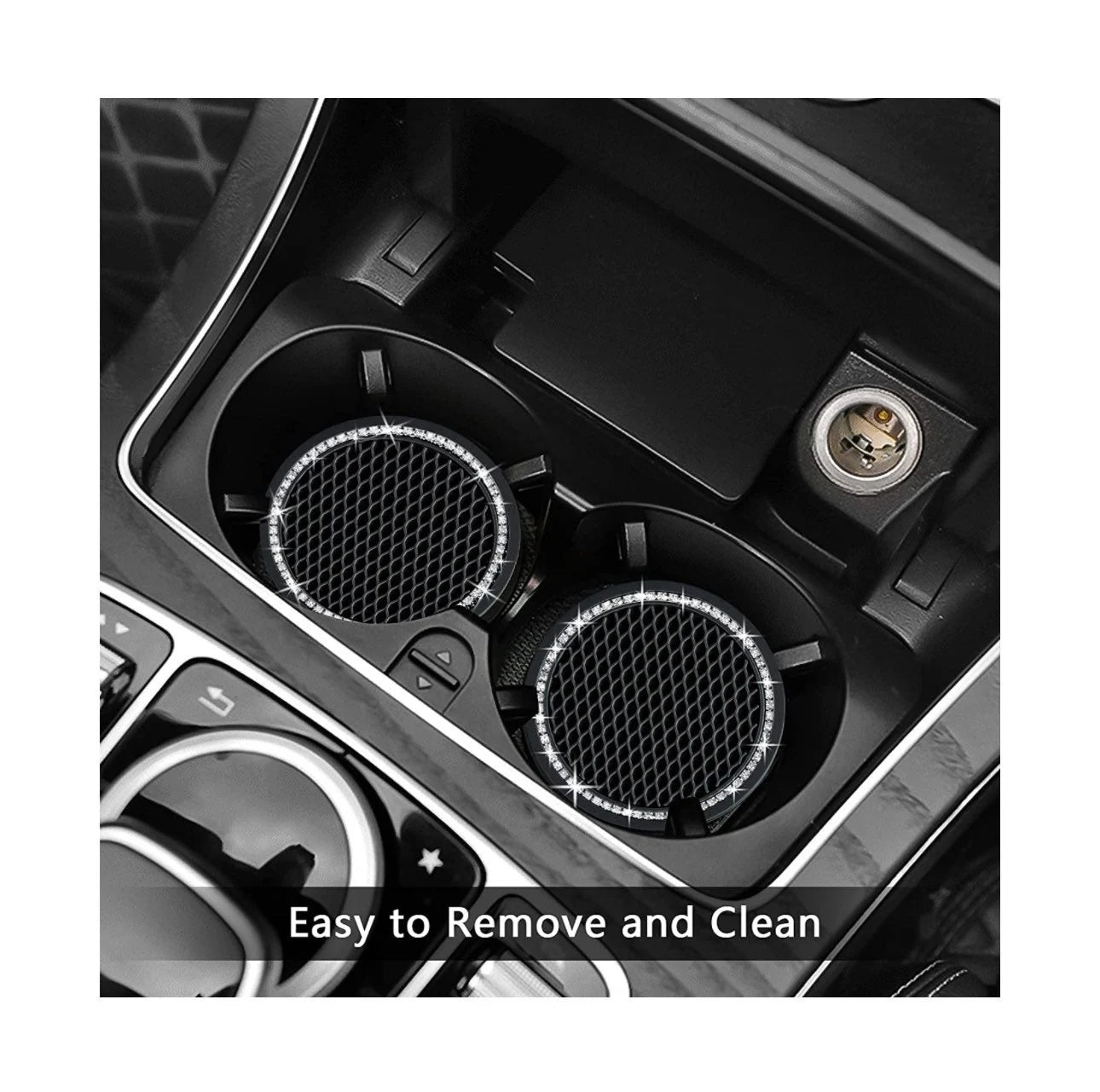 2 White Crystal Border Encrusted Black Coasters Cup Holder Insert Ultra Bling Diamond Luxury Embellishment Fit Car SUV Silicone Anti-Slip
