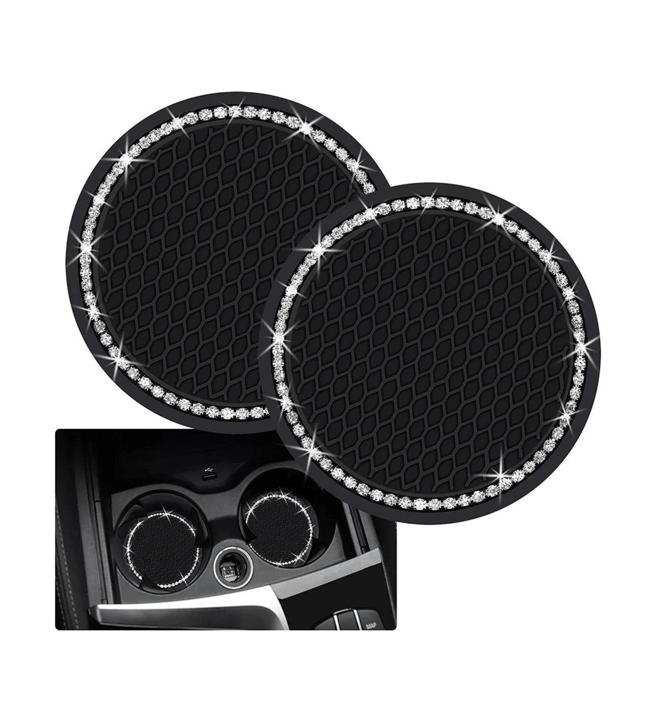 2 White Crystal Border Encrusted Black Coasters Cup Holder Insert Ultra Bling Diamond Luxury Embellishment Fit Car SUV Silicone Anti-Slip