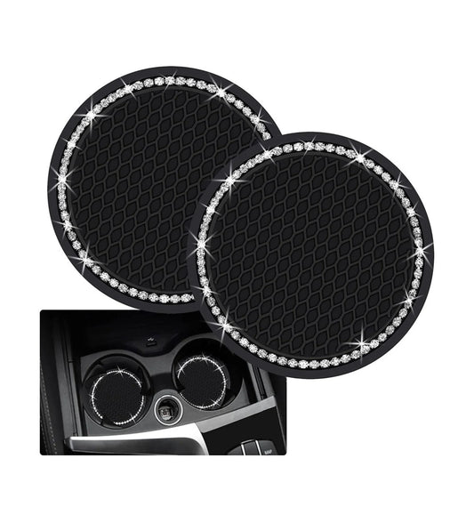 2 White Crystal Border Encrusted Black Coasters Cup Holder Insert Ultra Bling Diamond Luxury Embellishment Fit Car SUV Silicone Anti-Slip