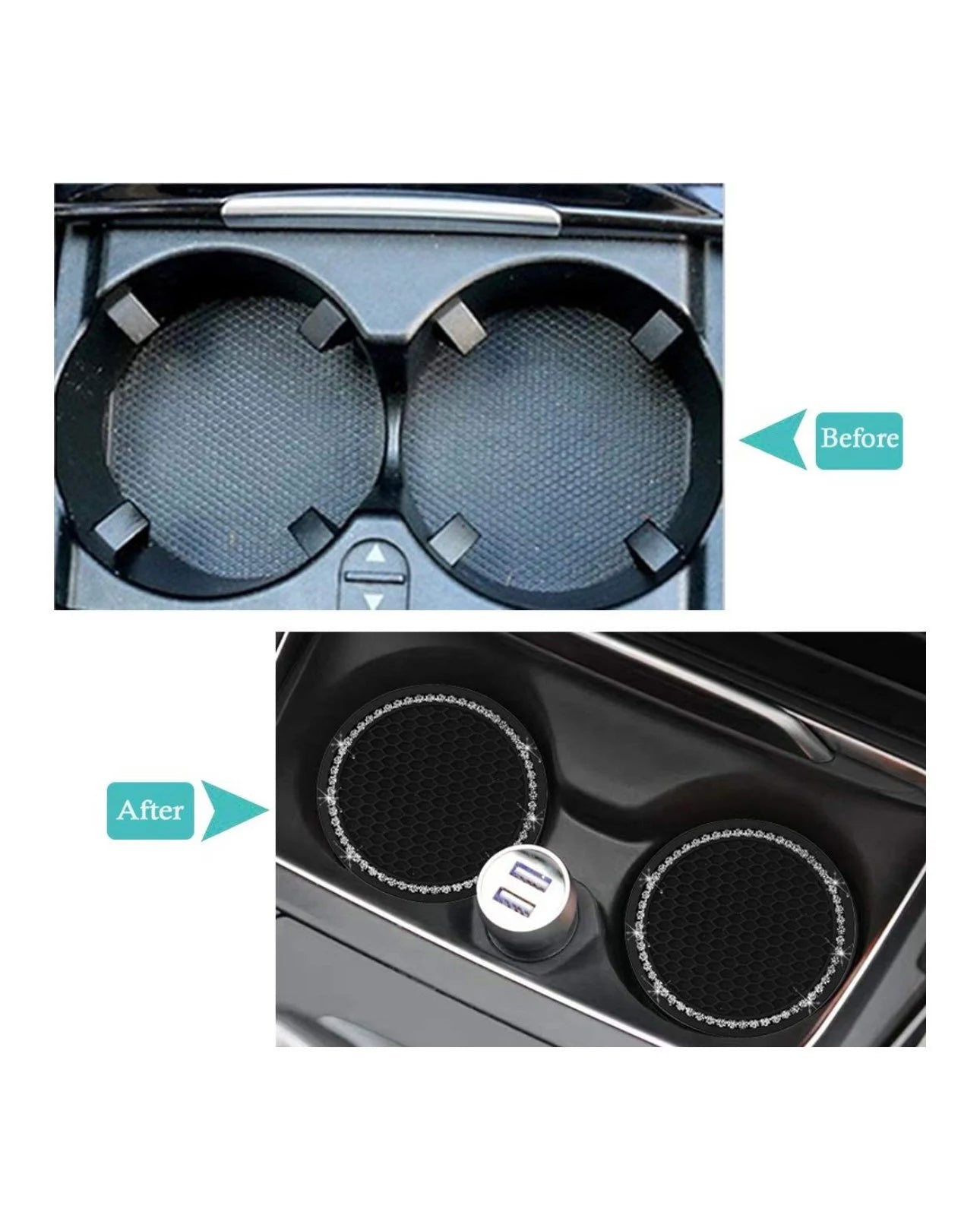 2 White Crystal Border Encrusted Black Coasters Cup Holder Insert Ultra Bling Diamond Luxury Embellishment Fit Car SUV Silicone Anti-Slip
