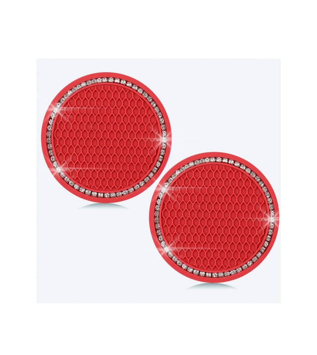 2 Crystal Encrusted Red Coasters Cup Holder Insert Ultra Bling White Diamond Embellishment Round Fit Car SUV Red Silicone Anti-Slip Coaster