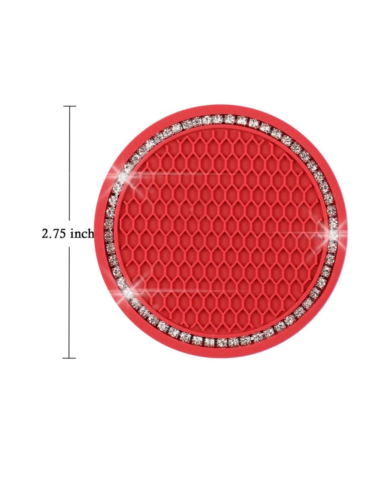 2 Crystal Encrusted Red Coasters Cup Holder Insert Ultra Bling White Diamond Embellishment Round Fit Car SUV Red Silicone Anti-Slip Coaster