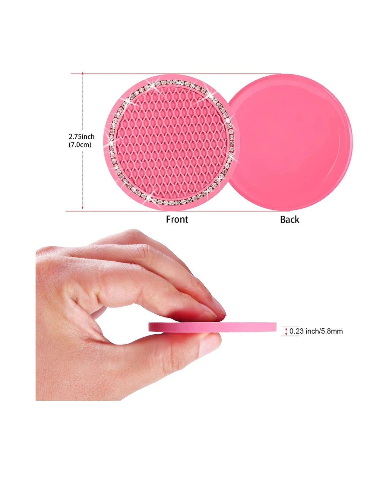 2 Pink Coasters Cup Holder Insert Ultra Bling White Diamond Luxury Crystal Embellishment Round Fit Car SUV Silicone Anti-Slip Coaster