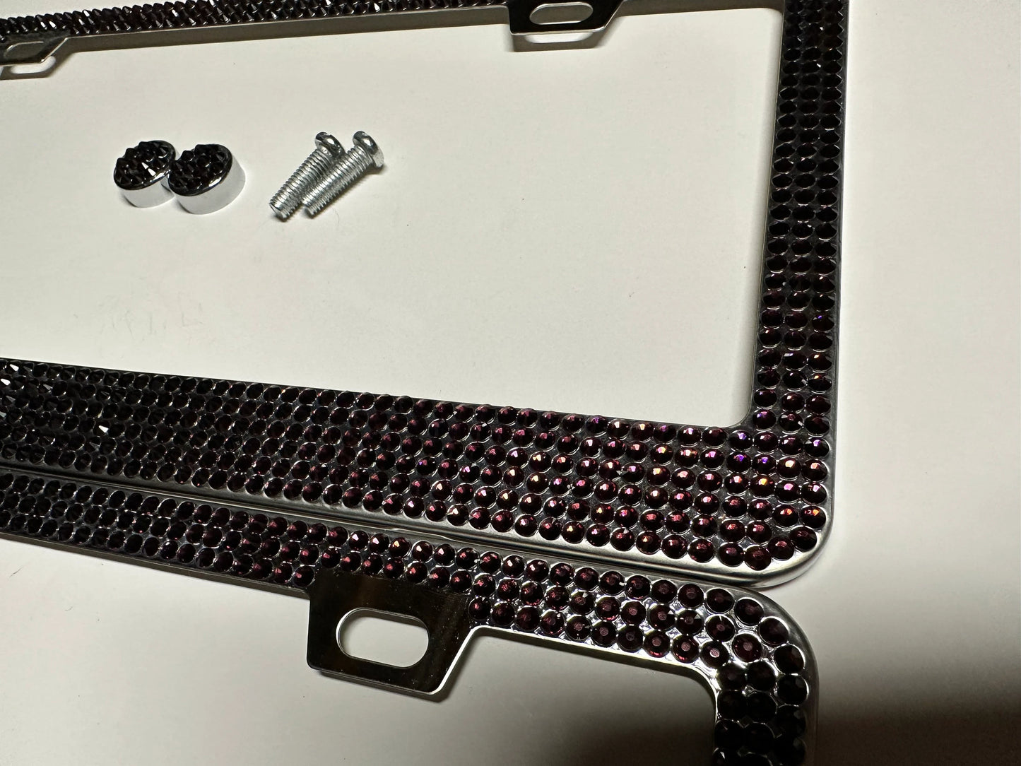 2 Luxury Plum Dark Eggplant PURPLE Diamond Crystal License Plate Frame anti-theft Sparkle Lux Cover Holder Bling Caps Made With Crystal