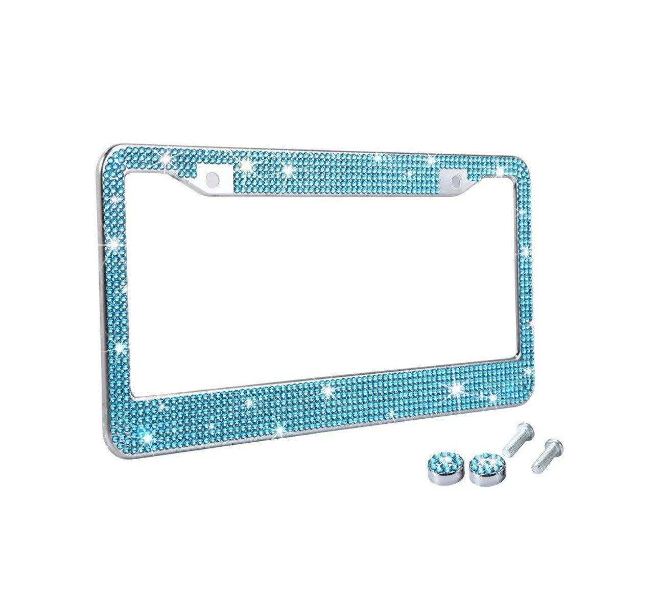 1 Luxury AQUA Blue Aquamarine Crystal Diamond Encrusted anti-theft Sparkle LUX License Plate Frame Cover Holder Bling Caps