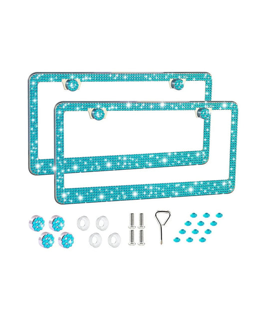 2 Luxury AQUA Blue Aquamarine Crystal Diamond Encrusted anti-theft Sparkle LUX License Plate Frame Cover Holder Bling Caps Narrow Top