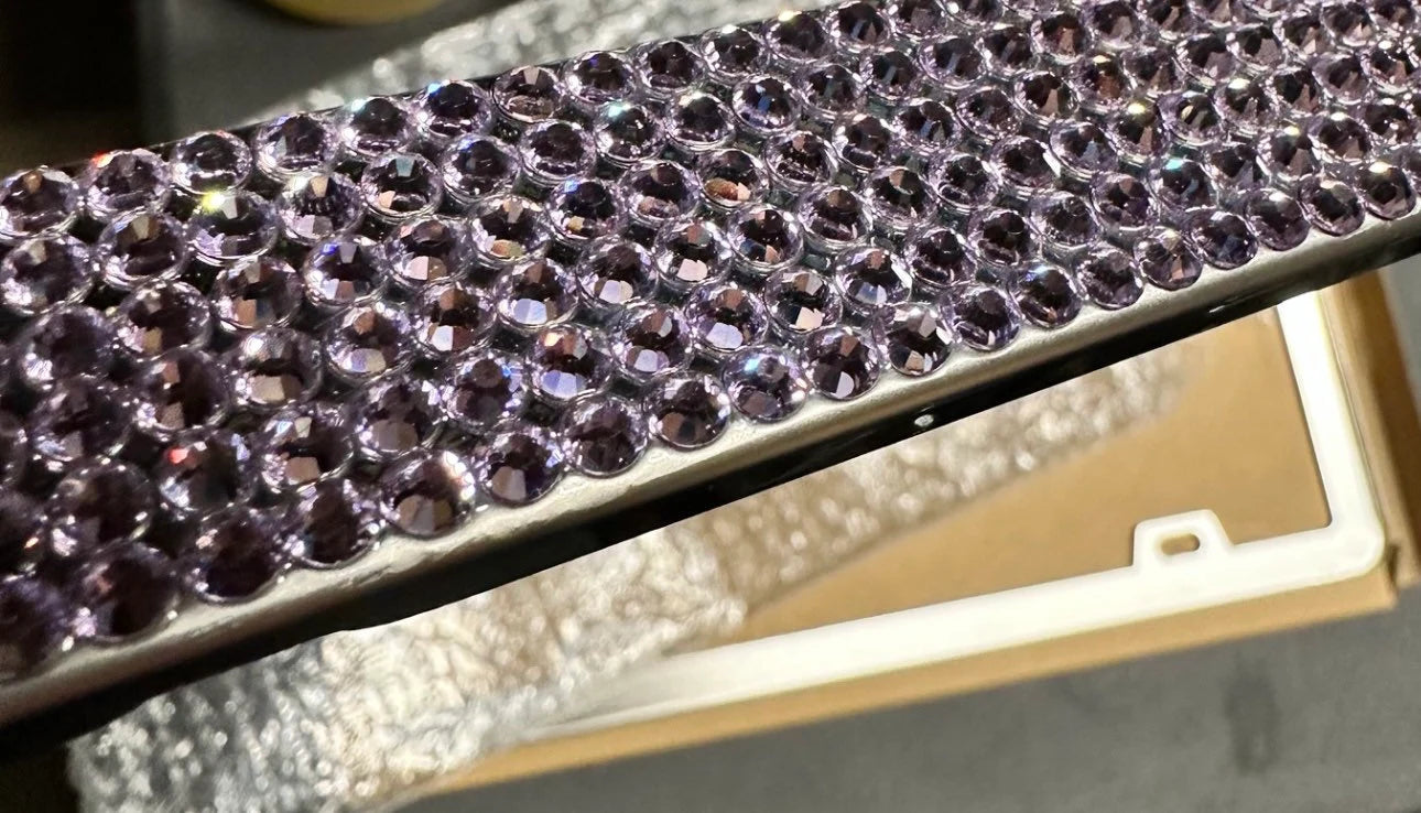 2 Luxury Crystal Blueberry VIOLET PURPLE Tanzanite Diamond License Plate Frame Sparkle Lux Cover Holder Bling Caps
