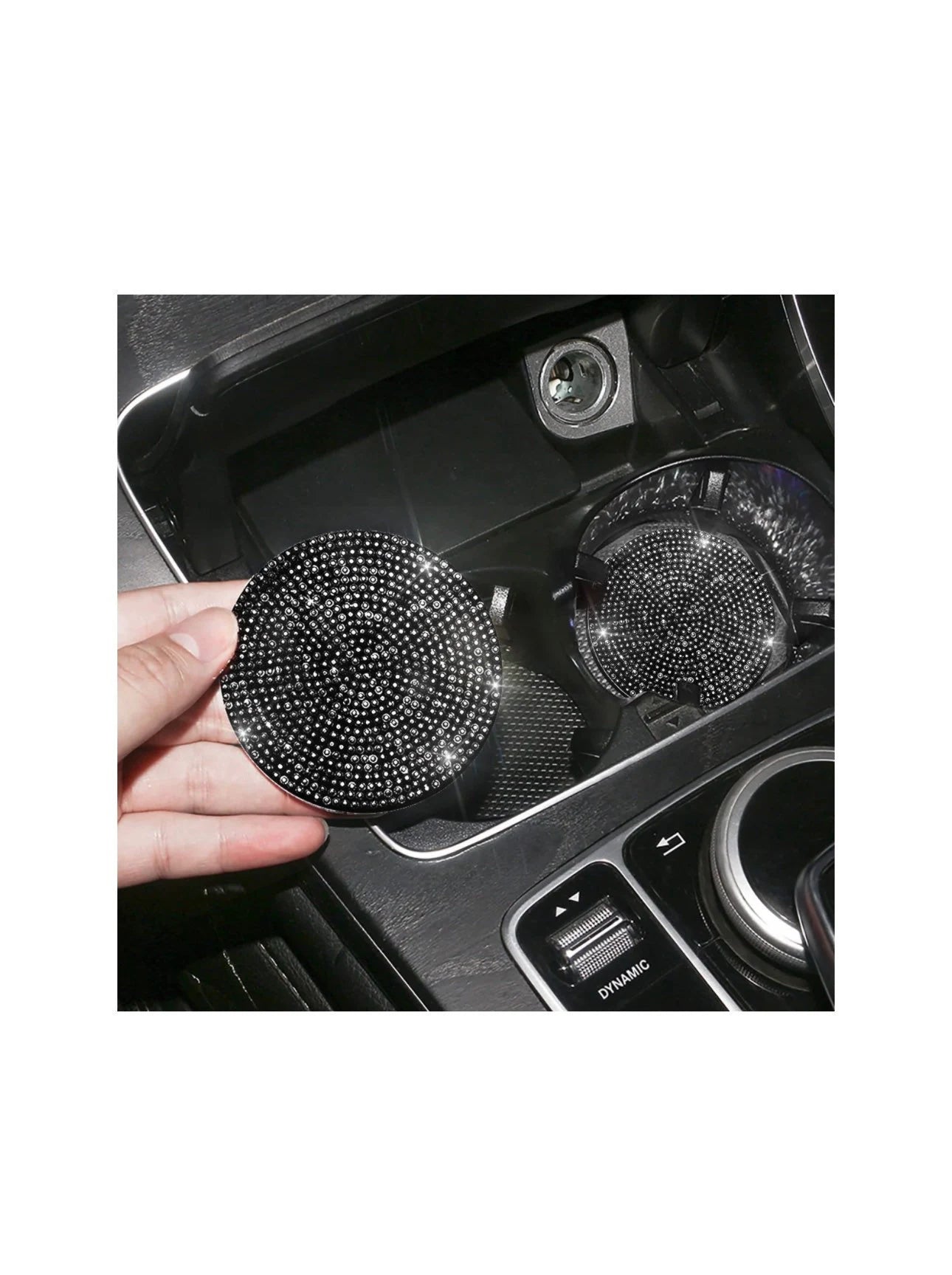 2 Jet Black Encrusted Full Blacked Out Coasters Cup Holder Insert Bling Diamond Luxury Crystal Embellishment Round Car SUV Anti-Slip Coaster