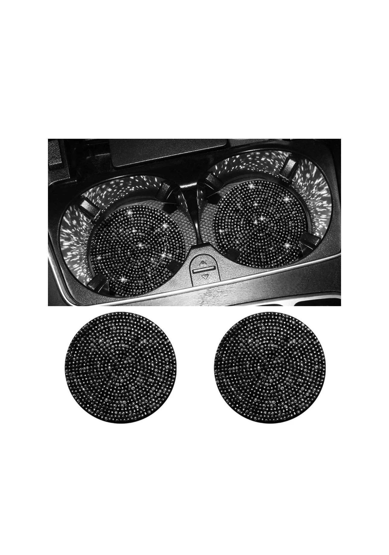 2 Jet Black Encrusted Full Blacked Out Coasters Cup Holder Insert Bling Diamond Luxury Crystal Embellishment Round Car SUV Anti-Slip Coaster