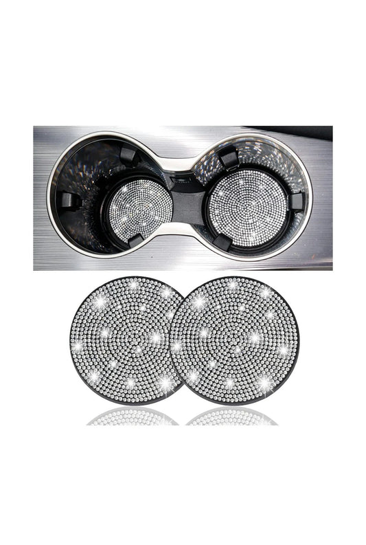 2 White Diamond Fully Encrusted Crystal Coasters Cup Holder Insert Bling Diamond Luxury Embellishment Round Car Decor SUV Anti-Slip Coaster