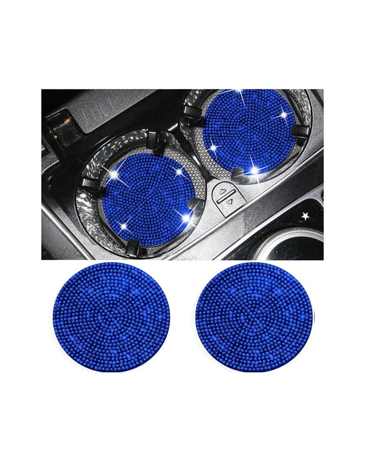 2 Royal Sapphire Blue Diamond Encrusted Crystal Coasters Cup Holder Insert Bling Diamond Luxury Embellishment Round Car Decor SUV Coaster