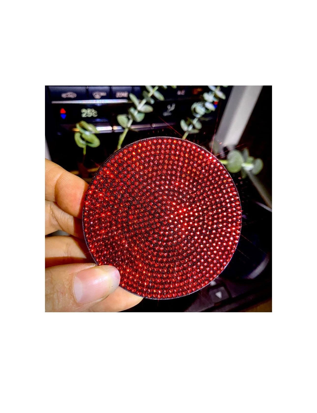 2 Ruby Red Light Siam Diamond Encrusted Crystal Coasters Cup Holder Insert Bling Diamond Luxury Embellishment Round Car Decor SUV Coaster