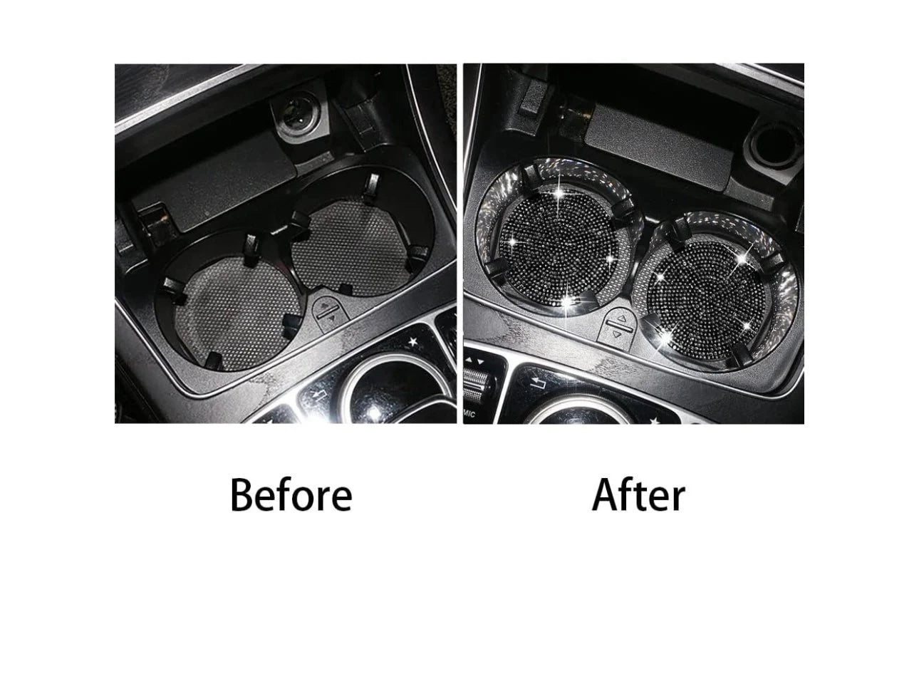2 Jet Black Encrusted Full Blacked Out Coasters Cup Holder Insert Bling Diamond Luxury Crystal Embellishment Round Car SUV Anti-Slip Coaster