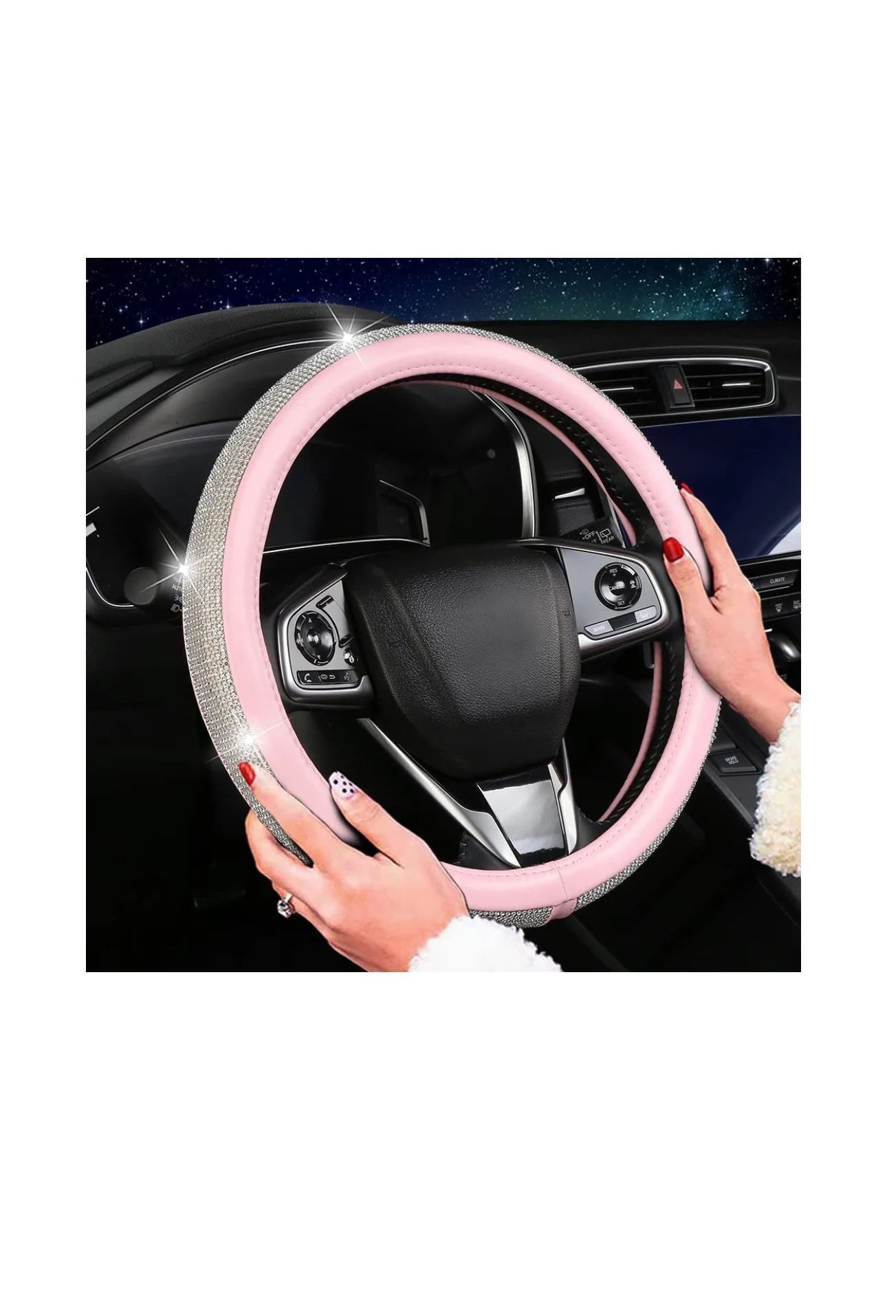 Light Baby Pink Leather Bling White Diamond Luxury Steering Wheel Cover with Crystal Embellishment Universal Round Fit