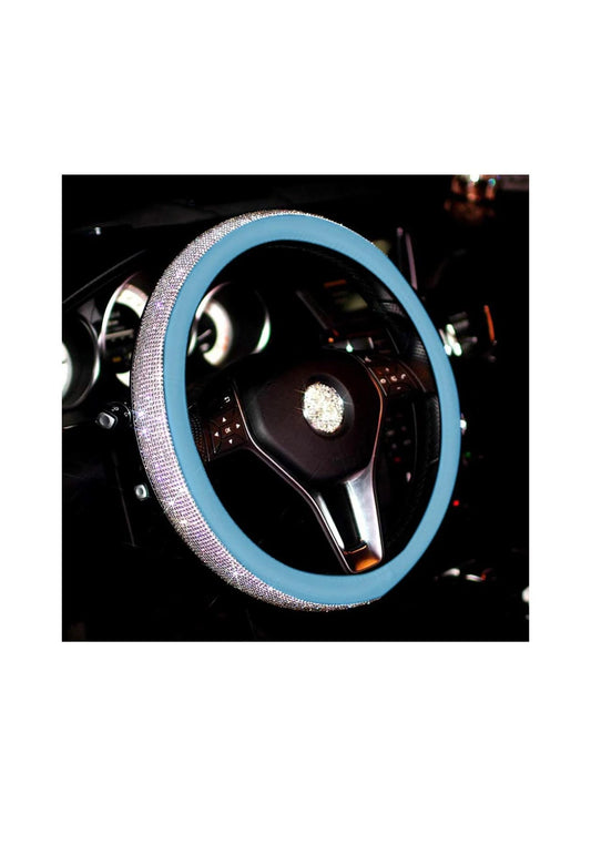 Aqua Blue Leather Bling White Diamond Luxury Steering Wheel Cover with Crystal Embellishment Universal Round Fit