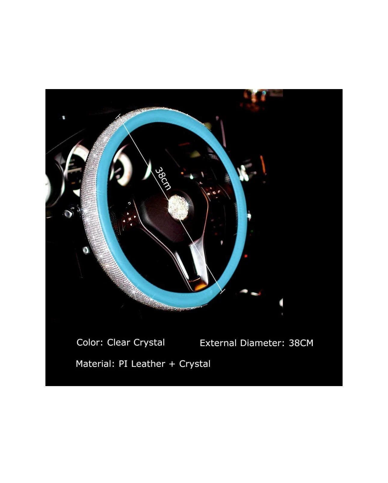 Aqua Blue Leather Bling White Diamond Luxury Steering Wheel Cover with Crystal Embellishment Universal Round Fit