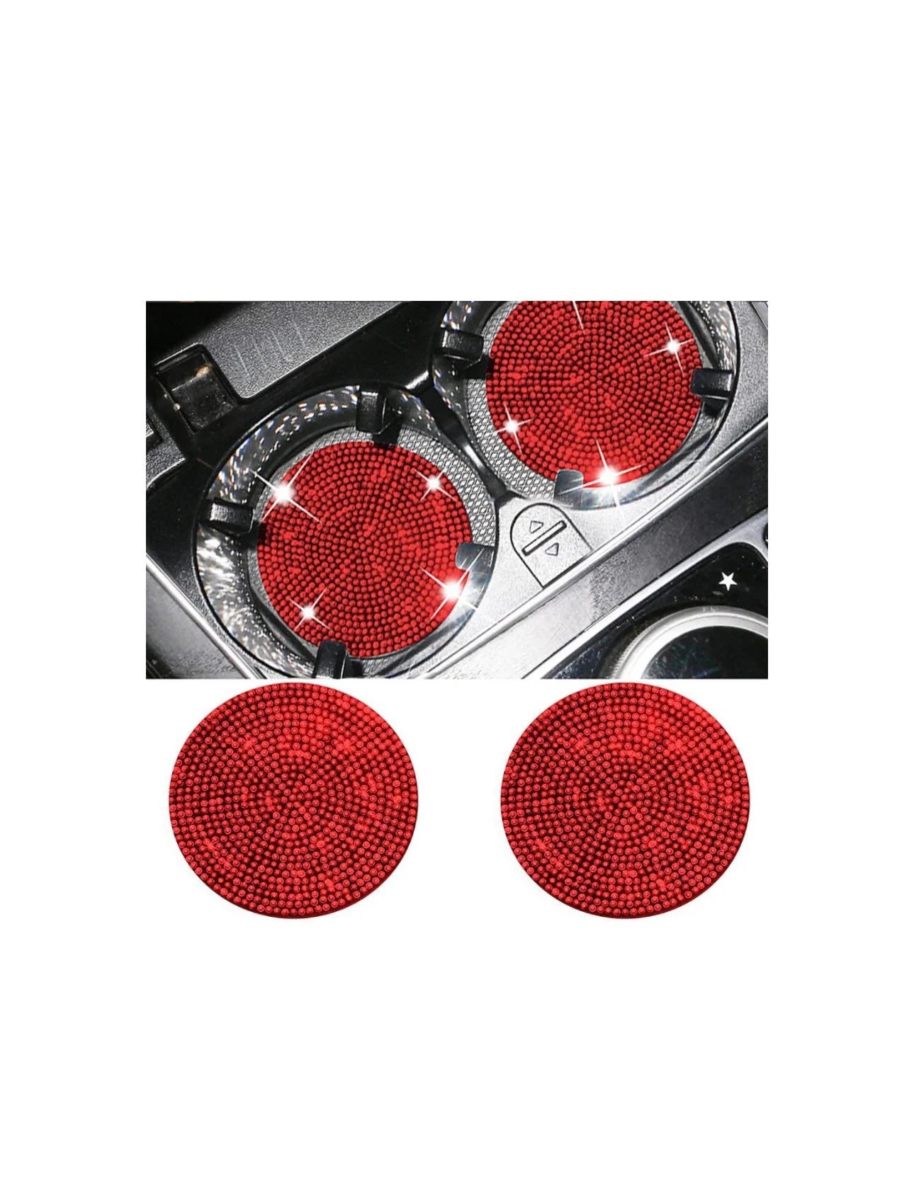 2 Ruby Red Light Siam Diamond Encrusted Crystal Coasters Cup Holder Insert Bling Diamond Luxury Embellishment Round Car Decor SUV Coaster