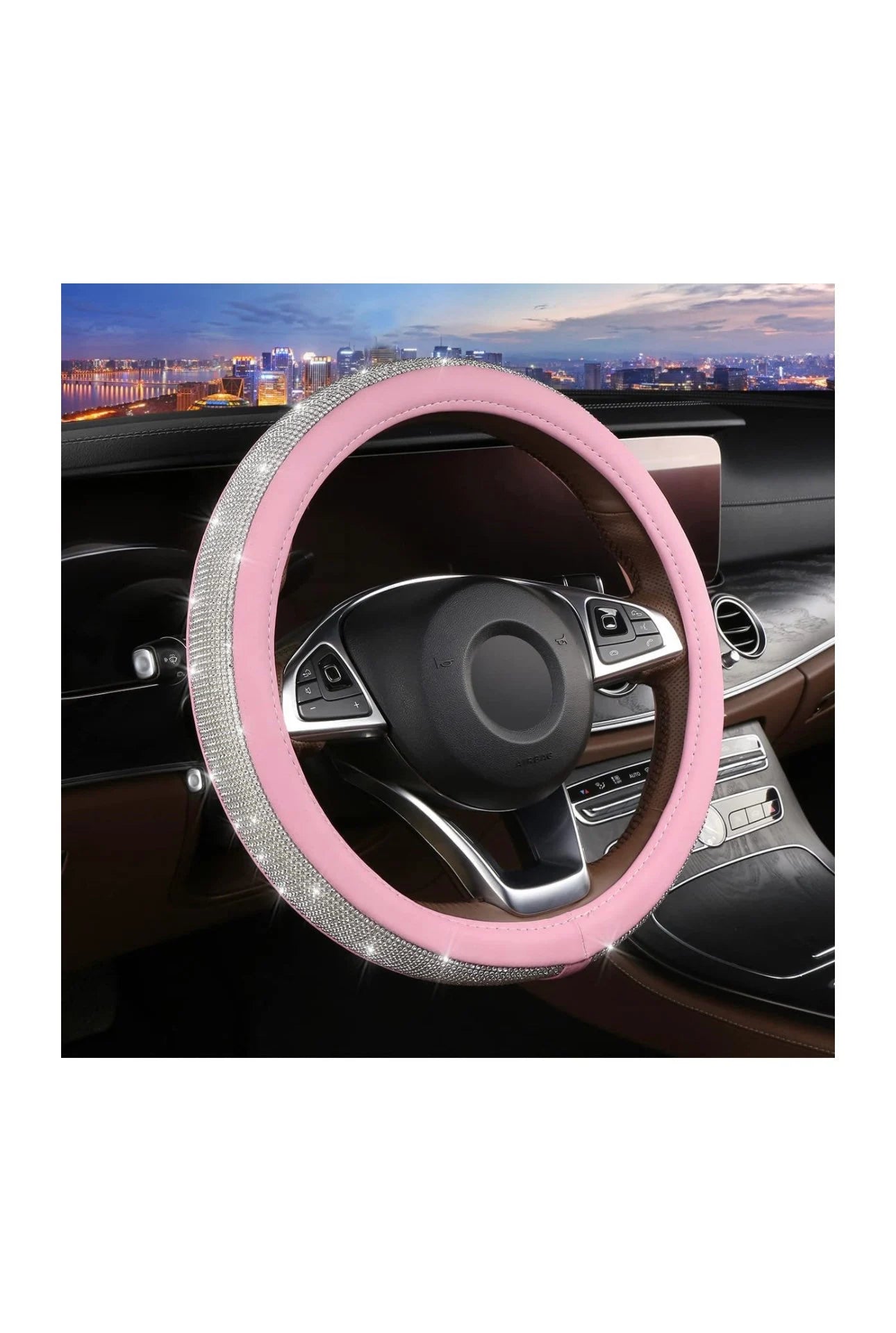 Light Baby Pink Leather Bling White Diamond Luxury Steering Wheel Cover with Crystal Embellishment Universal Round Fit