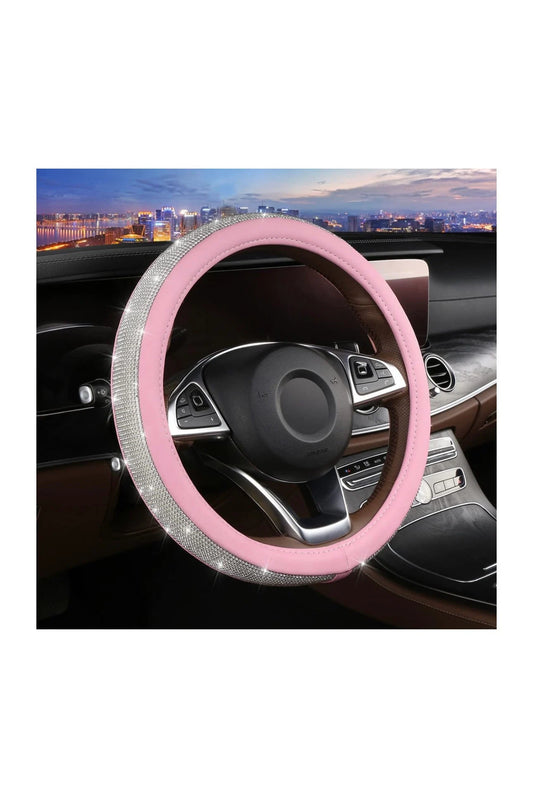 Light Baby Pink Leather Bling White Diamond Luxury Steering Wheel Cover with Crystal Embellishment Universal Round Fit