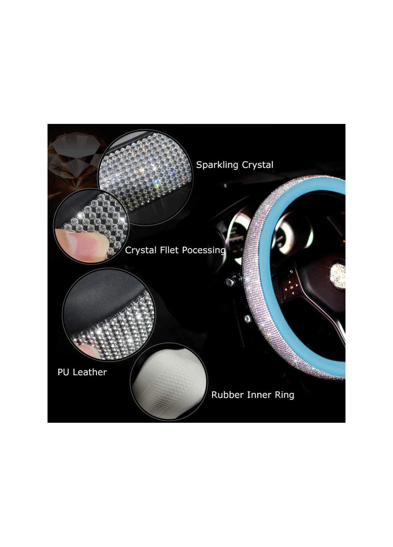 Aqua Blue Leather Bling White Diamond Luxury Steering Wheel Cover with Crystal Embellishment Universal Round Fit