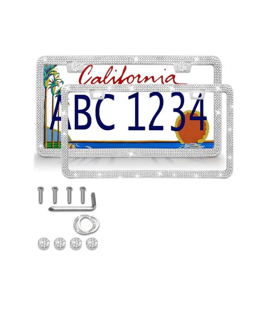 2 Frames White Crystal Diamond Encrusted 3 Row Ultra Thin License Plate Sparkly Luxury Metal Frame Cover Holder Bling Caps