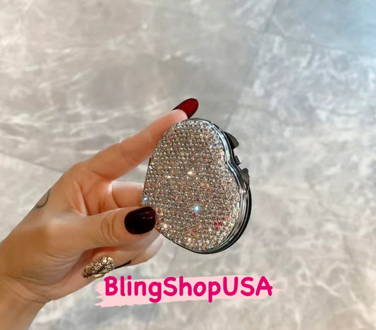 Crystal Encrusted Compact Mirror Heart Shape Blinged Out White Diamond & Aurora Borealis Makeup Mirror Folding Pocket Size Feminine Sparkly