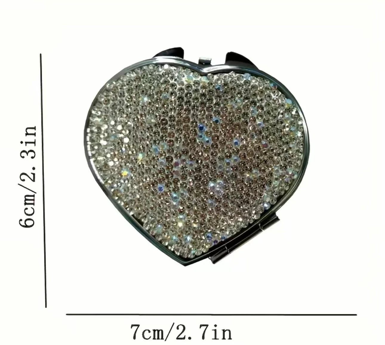 Crystal Encrusted Compact Mirror Heart Shape Blinged Out White Diamond & Aurora Borealis Makeup Mirror Folding Pocket Size Feminine Sparkly