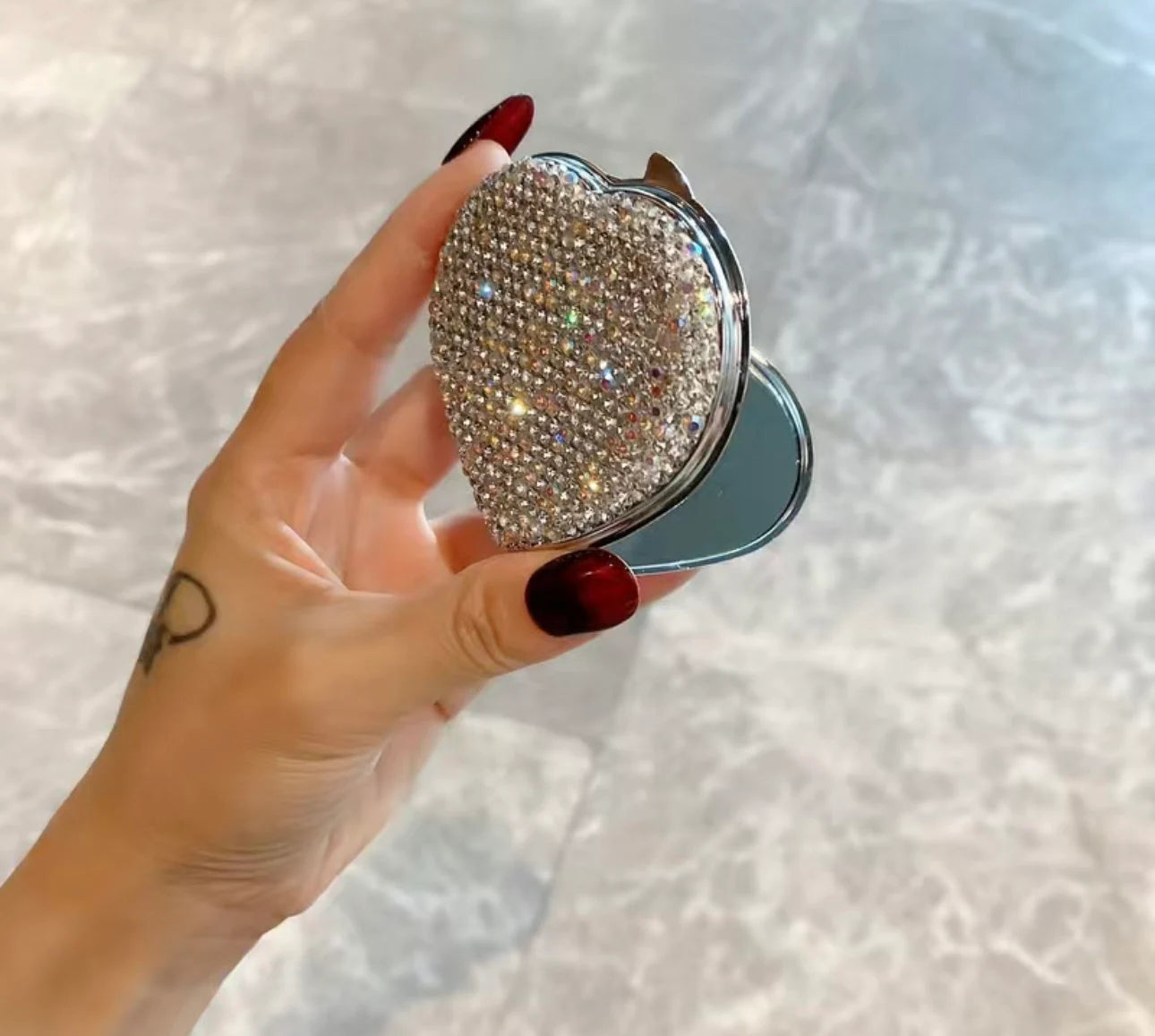 Crystal Encrusted Compact Mirror Heart Shape Blinged Out White Diamond & Aurora Borealis Makeup Mirror Folding Pocket Size Feminine Sparkly