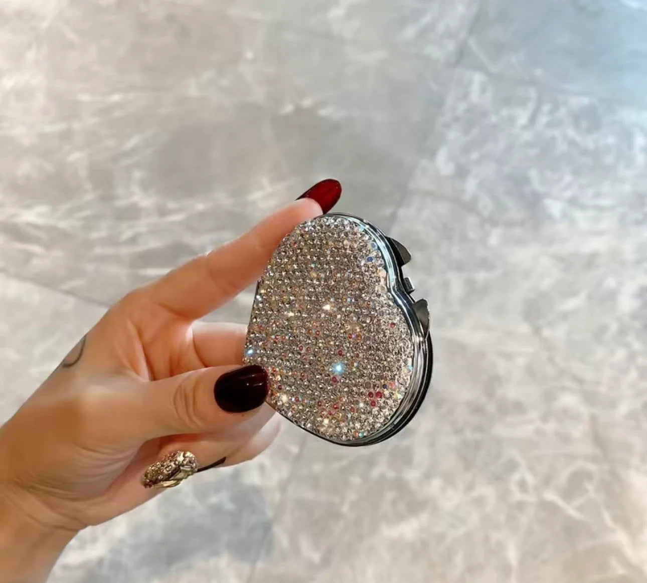Crystal Encrusted Compact Mirror Heart Shape Blinged Out White Diamond & Aurora Borealis Makeup Mirror Folding Pocket Size Feminine Sparkly