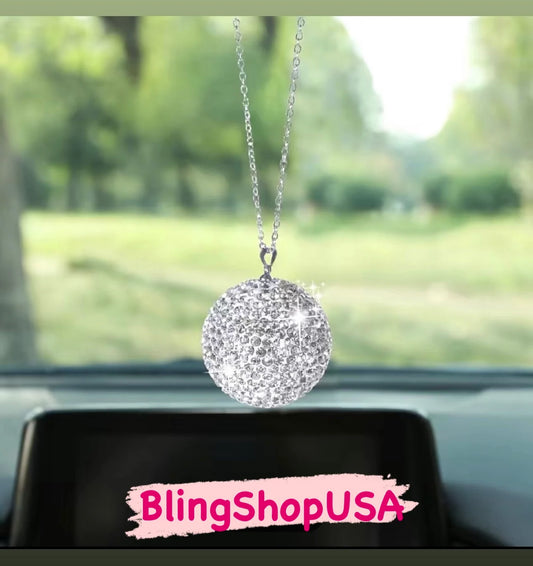 Crystal Encrusted Car Pendant Disco Ball Necklace Glam Ornament Rear View Mirror Hanging Charm Accessories Feminine Women Gift