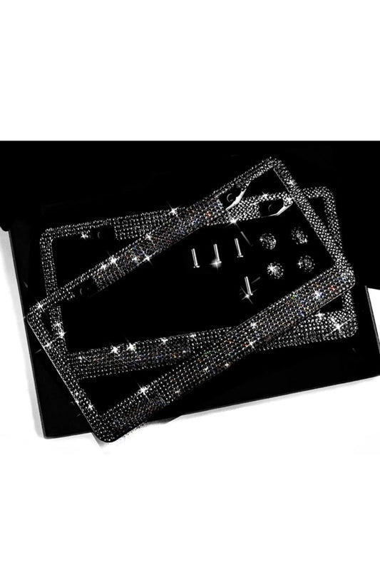 2 Swarovski Crystal JET BLACK Dark Diamond Handmade Luxury Sparkle Blacked Out License Plate Frame Cover Crystal Bling Caps Car Accessory
