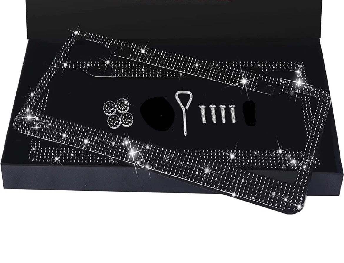 2 Swarovski Crystal JET BLACK Dark Diamond Handmade Luxury Sparkle Blacked Out License Plate Frame Cover Crystal Bling Caps Car Accessory