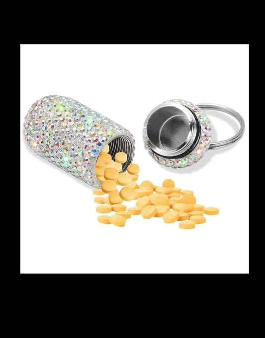 Mini Pill Bottle Keychain Colorful AB Crystal Encrusted Bling Container Portable Box Case Waterproof Travel Medicine Aurora Borealis