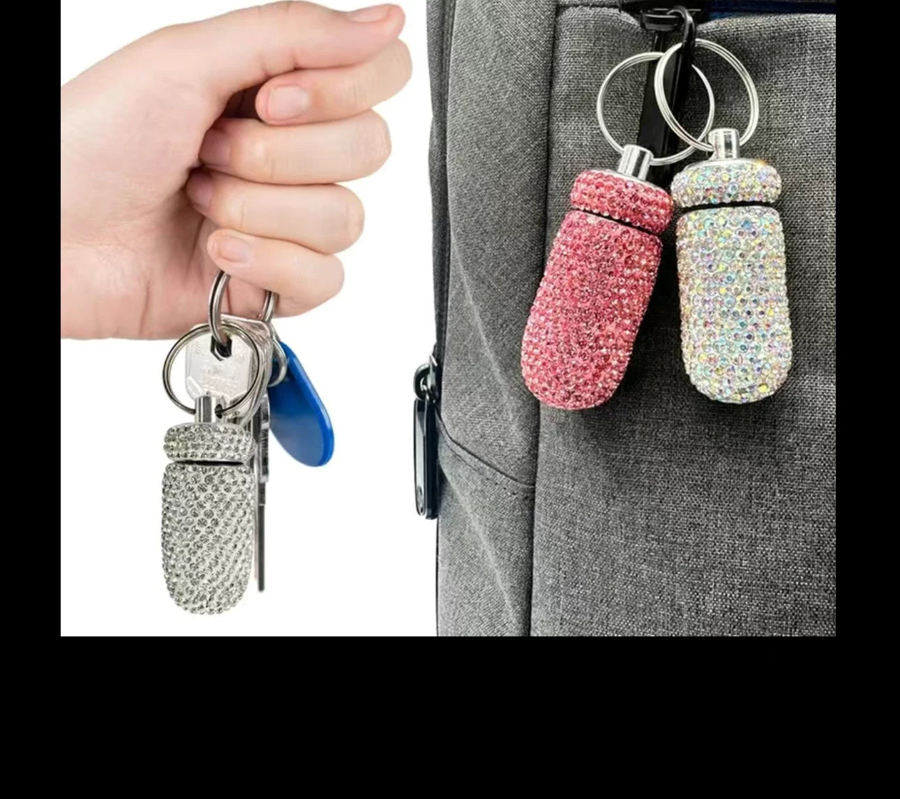 Mini Pill Bottle Keychain Colorful AB Crystal Encrusted Bling Container Portable Box Case Waterproof Travel Medicine Aurora Borealis