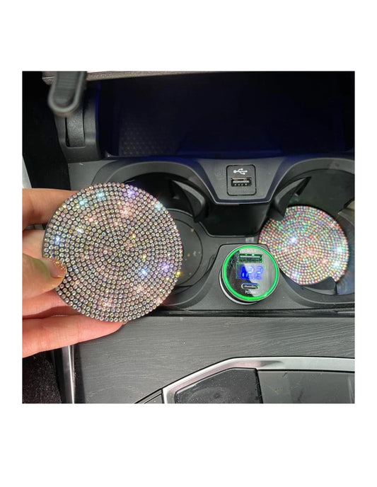 2 Colorful AB Diamond Fully Encrusted Crystal Coasters Cup Holder Insert Bling Diamond Luxury Embellishment Car Decor SUV Anti-Slip Coaster