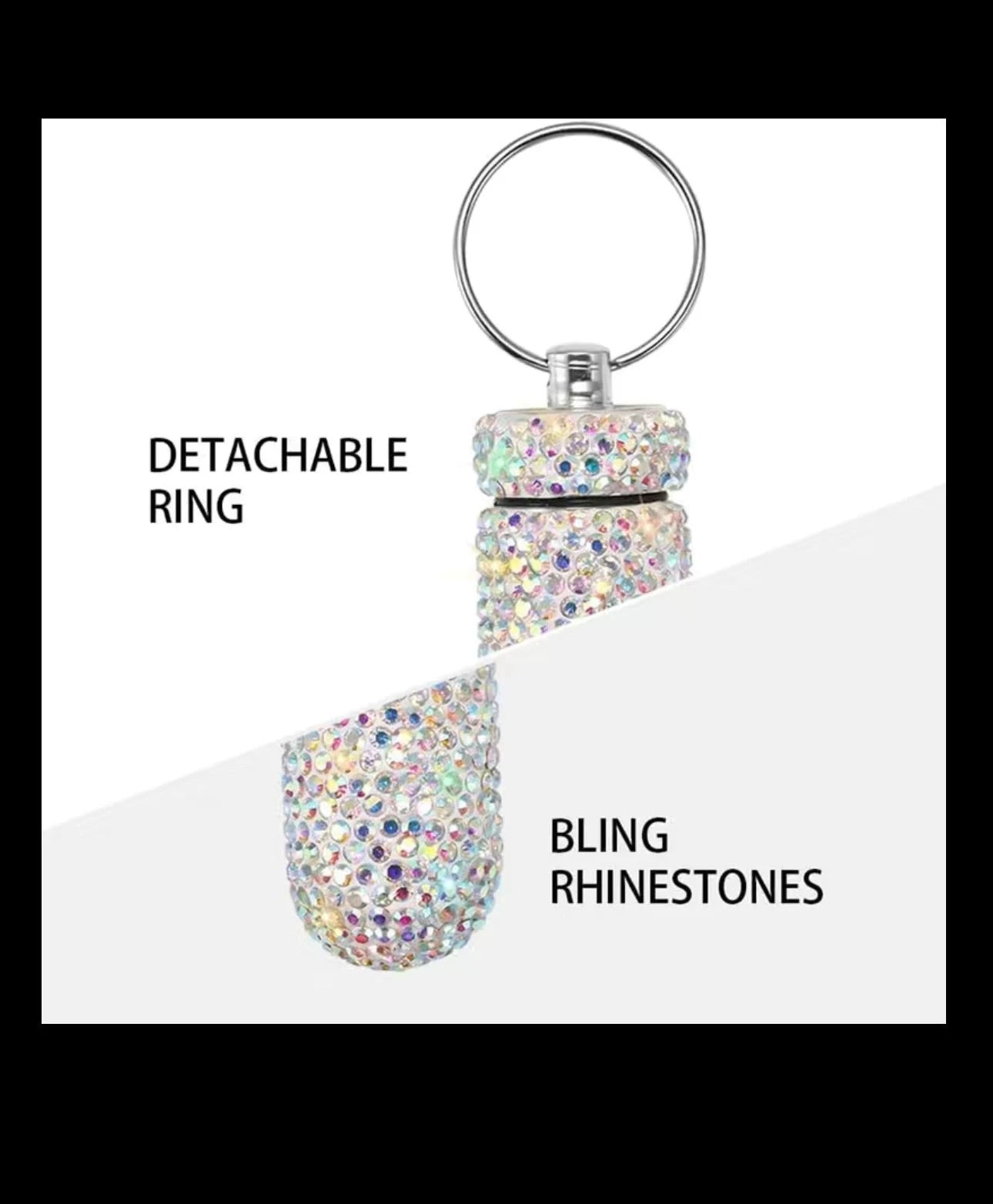 Mini Pill Bottle Keychain Colorful AB Crystal Encrusted Bling Container Portable Box Case Waterproof Travel Medicine Aurora Borealis