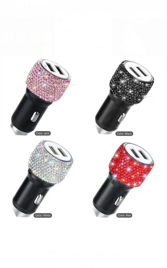 Crystal Encrusted Dual USB Car Fast Charger Luxury Diamond Bling Adapter Black, White, Baby Pink, Ruby Red Colors
