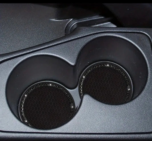 2 Jet Black Crystal Blacked Out Border Encrusted Coasters Cup Holder Insert Ultra Bling Diamond Luxury Embellishment Fit Car SUV Silicone Anti-Slip