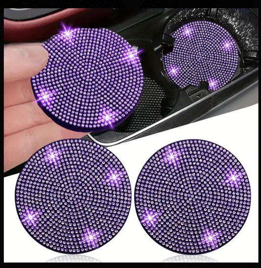 2 Raspberry Violet Purple Diamond Fully Encrusted Crystal Coasters Cup Holder Bling Luxury Embellishment Round Car Decor SUV Anti-Slip