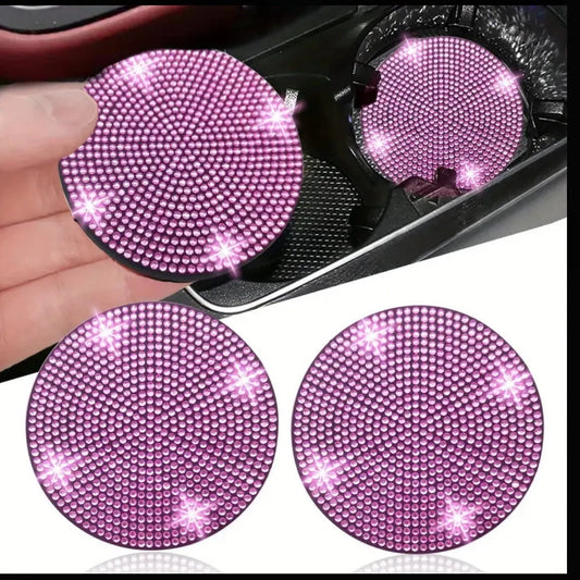 2 Pink Diamond Fully Encrusted Crystal Coasters Cup Holder Insert Bling Diamond Luxury Embellishment Round Car Decor SUV Anti-Slip Coaster