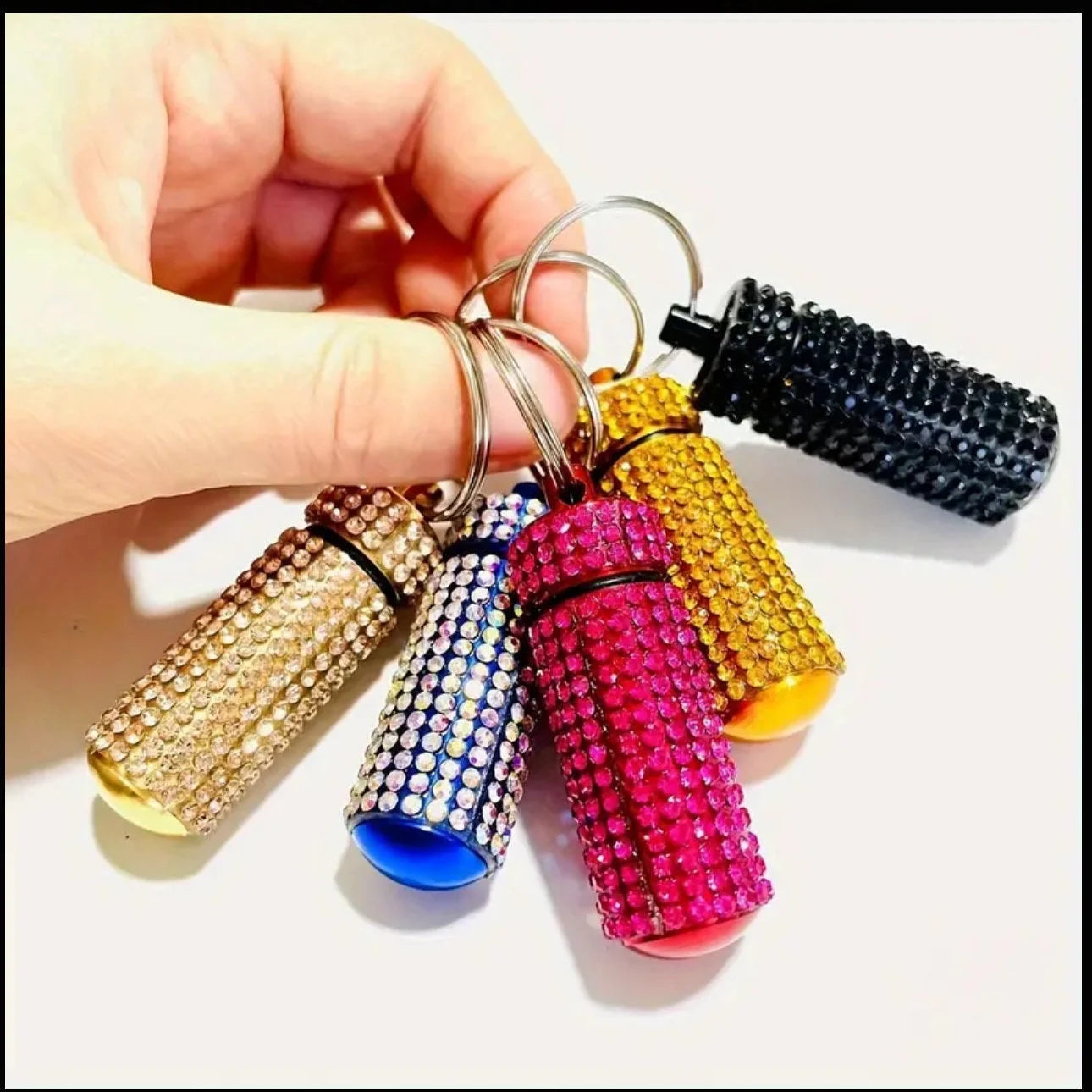Mini Pill Bottle Crystal Encrusted Metal Keychain Bling Container Portable Box Case Waterproof Travel Medicine Keyring Available in Gold, Rose Gold, Hot Pink Fuschia, Blue, Jet Black