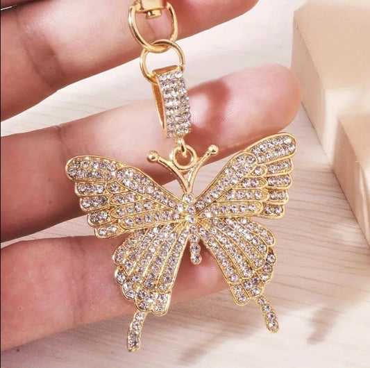 Crystal Encrusted Butterfly White Diamond Crystal Gold Metal Keychain Car Charm Pendant Animal Feminine Keyring Bling Gift Women’s Accessory