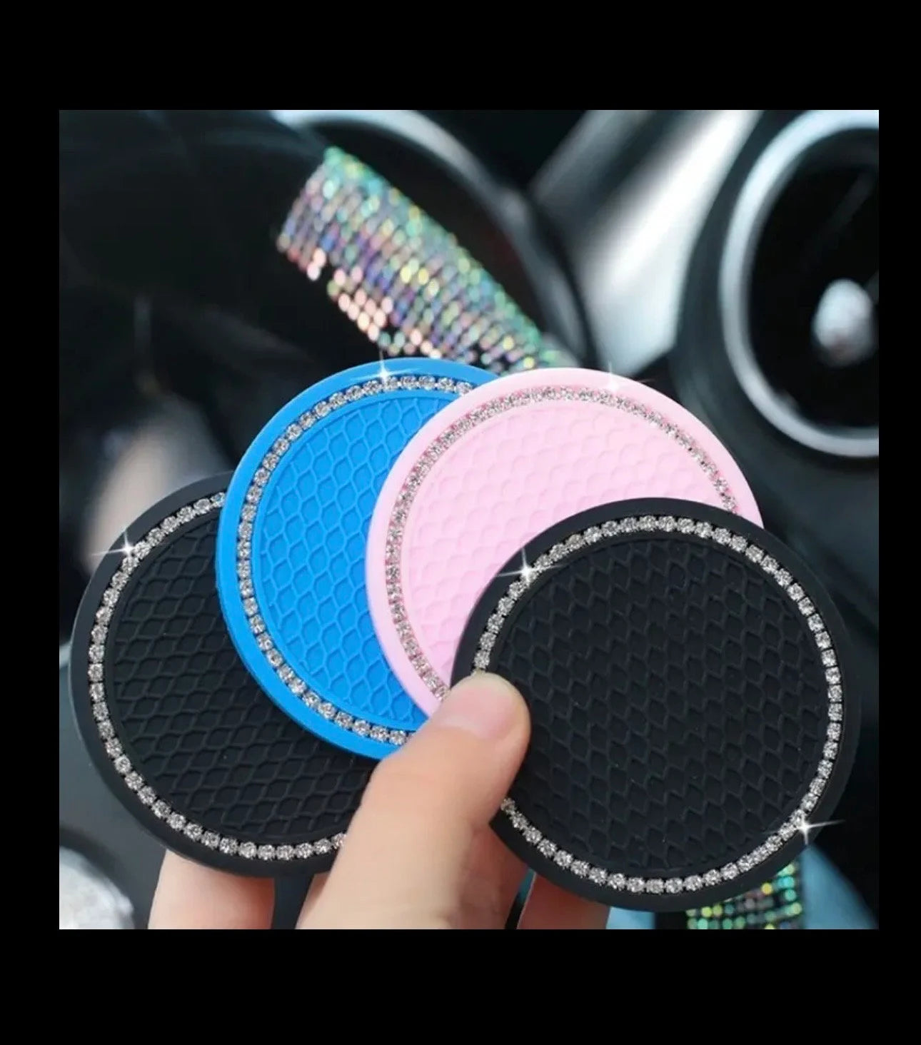 2 Aqua Blue Coasters White Crystal Cup Holder Insert Ultra Bling Diamond Luxury Embellishment Round Fit Car SUV Silicone Anti-Slip Coaster