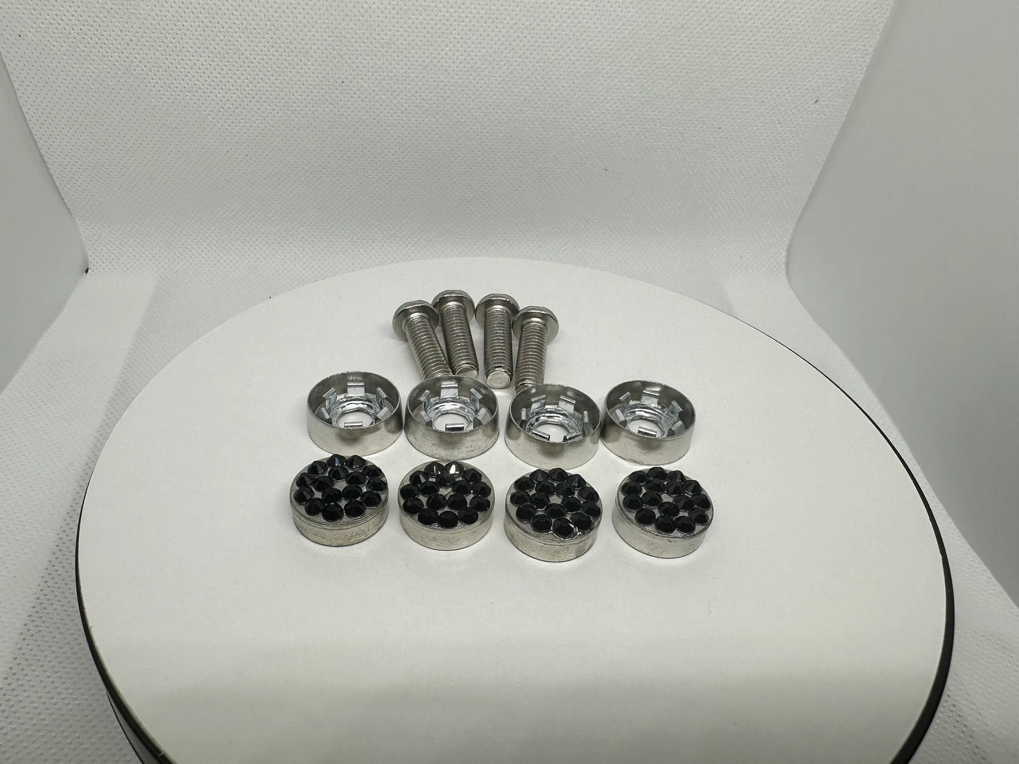 4 Jet Black Diamond Crystal Encrusted SILVER METAL CAPS License Plate Frame Replacement Bling Caps and Screws Sparkly Luxury Anti-theft