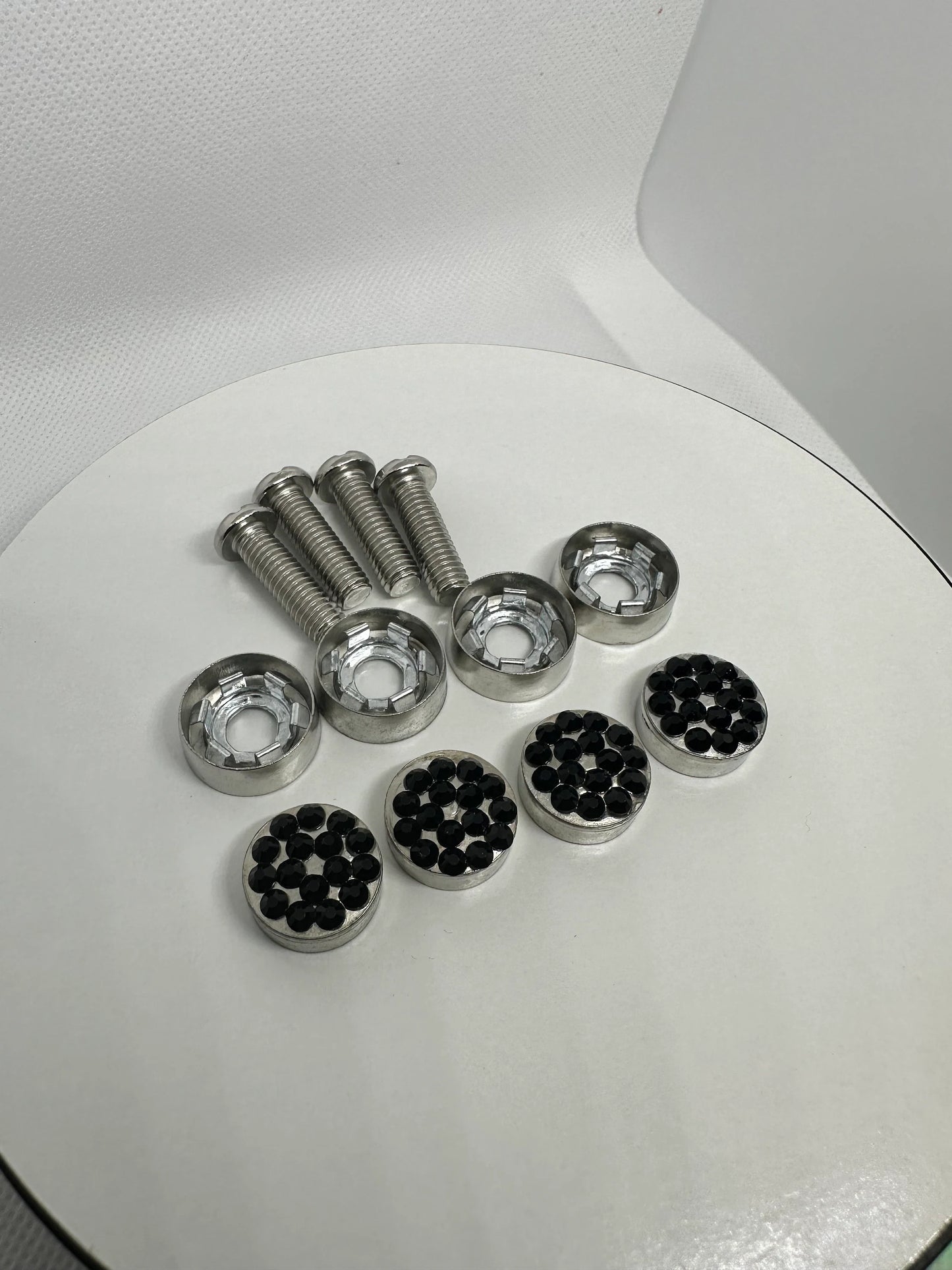 4 Jet Black Diamond Crystal Encrusted SILVER METAL CAPS License Plate Frame Replacement Bling Caps and Screws Sparkly Luxury Anti-theft